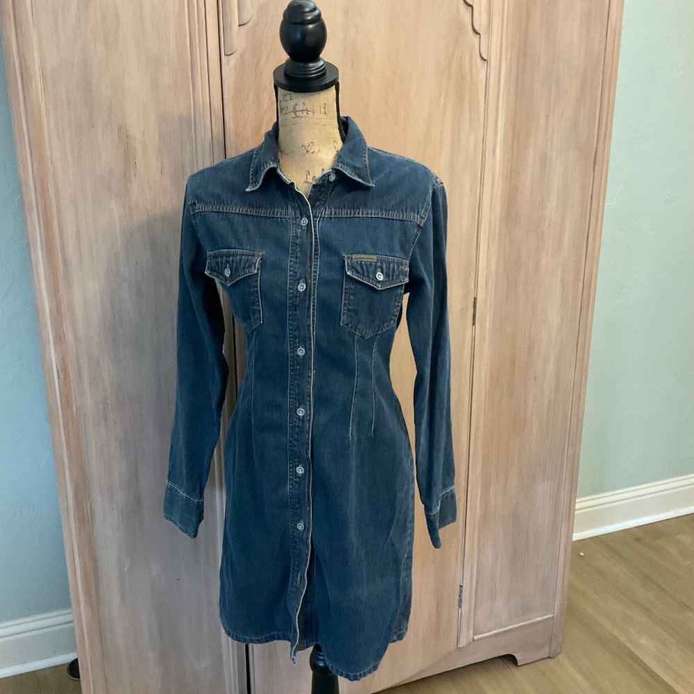 Y2K Vintage Calvin Klein CK Denim Button front Long Sleeve Mini Denim Dress Sz M